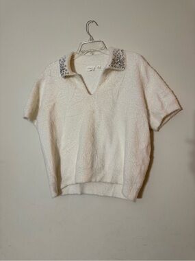 Cyrus Cream Jeweled Collar Short Sleeve Sweater